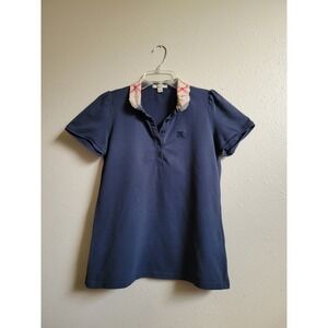 Burberry Women's Polo Shirt Blue Checkered Collar Top Designer Shirt Sz M